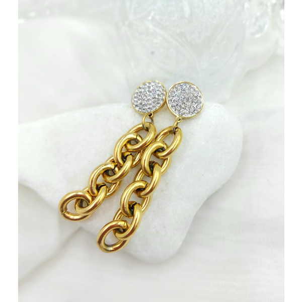 Σκουλαρίκια ατσάλινα με αλυσίδα κρεμαστή και στρας χρώμα χρυσό
