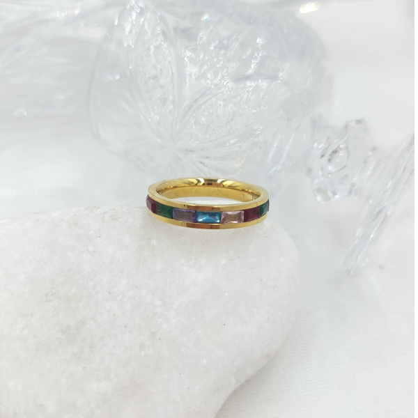 Δαχτυλίδι βεράκι με χρωματιστές πέτρες κρυστάλλου από ανοξείδωτο ατσάλι χρυσό χρώμα-D-