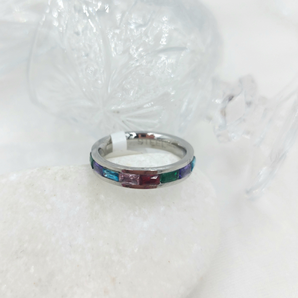 Δαχτυλίδι βεράκι με χρωματιστές πέτρες κρυστάλλου από ανοξείδωτο ατσάλι ασημί χρώμα-D-