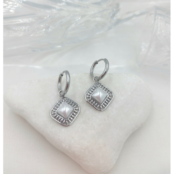 Σκουλαρίκια από ατσάλι με κρεμαστή λευκή πέτρα-SK-