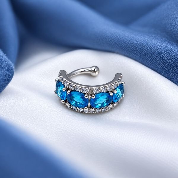 Ασημί Ear Cuff με Γαλάζιες Πέτρες & Ζιργκόν – Χωρίς Τρύπα-X-