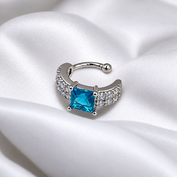 Ασημί Ear Cuff με Μπλέ Πέτρα & Ζιργκόν – Χωρίς Τρύπα-X-1297