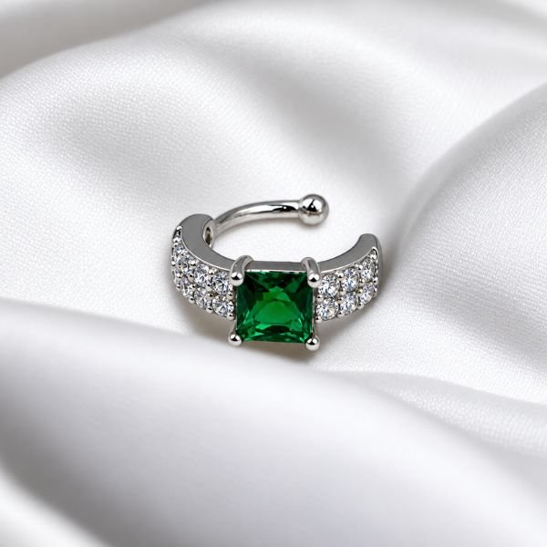 Ασημί Ear Cuff με Πράσινη Πέτρα & Ζιργκόν – Χωρίς Τρύπα-X-1297