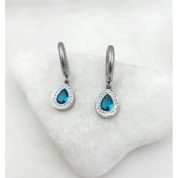Σκουλαρίκια ατσάλινα κρεμαστά με μπλε πέτρα κρυστάλλου και ζιργκον-SK-