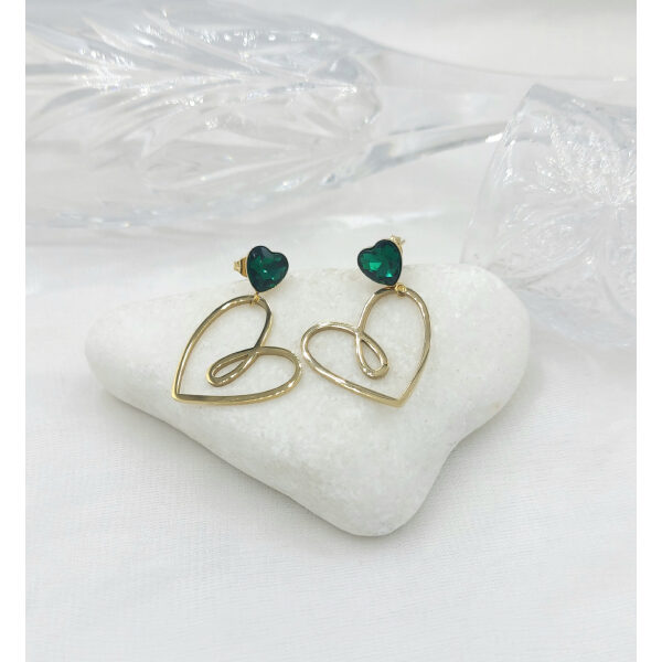 Σκουλαρίκια Καρδιά με πράσινη πέτρα κρυστάλλου από ανοξείδωτο ατσάλι-SK-