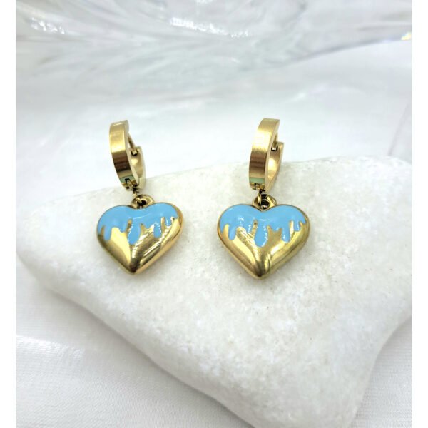 Σκουλαρίκια κρεμαστά Καρδιές Γαλάζιες χρυσό χρώμα από ανοξείδωτο ατσάλι-SK-13108