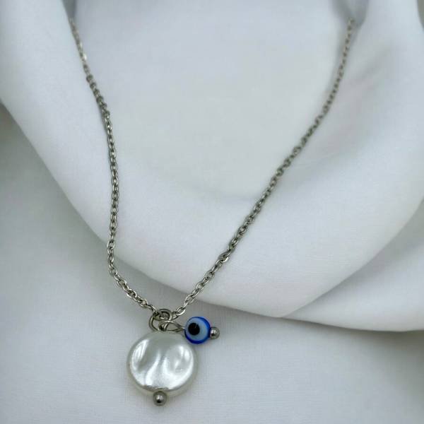 Κολιέ από ατσάλι κρεμαστό μαργαριτάρι και μάτι, χρώμα ασημί-K-359