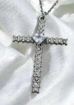 Κολιέ Σταυρός από ανοξείδωτο ατσάλι με ζιργκον χρώμα ασημί-K-343 - Image 2