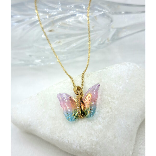 Κολιέ πολύχρωμη πεταλούδα από ανοξείδωτο ατσάλι xρώμα χρυσό(ροζ)-Κ-