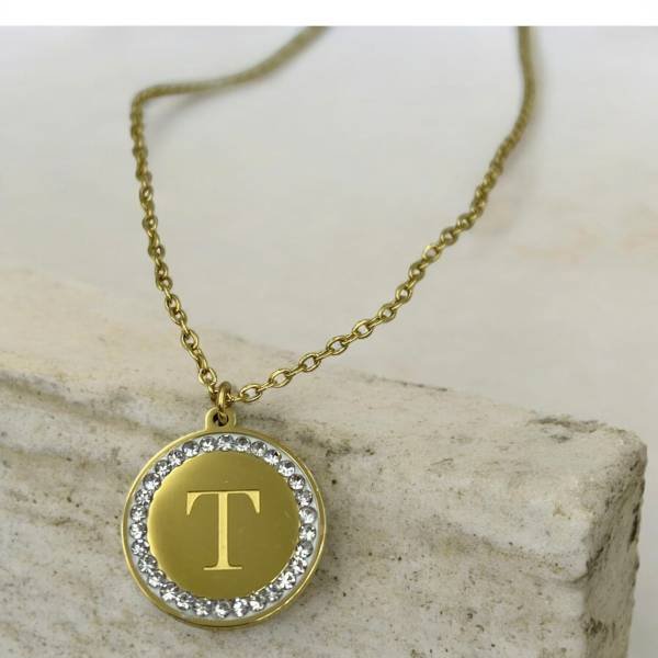 Kολιέ Μονόγραμμα Τ από ανοξείδωτο ατσάλι με ζιργκον χρώμα χρυσό-K-415