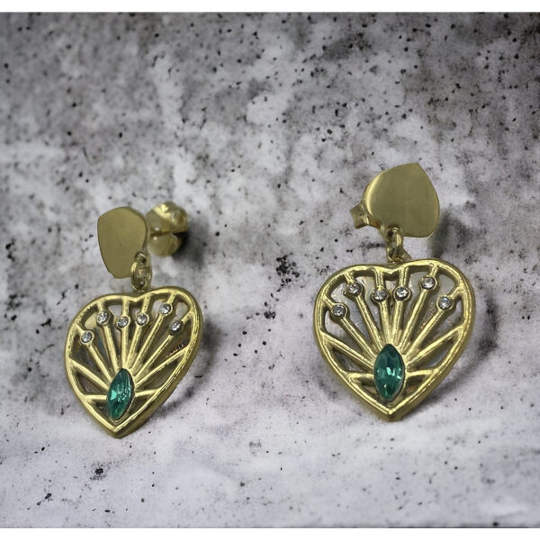 Σκουλαρίκια ατσάλινα καρδιά με πράσινο ζιργκον χρώμα χρυσό-SK-