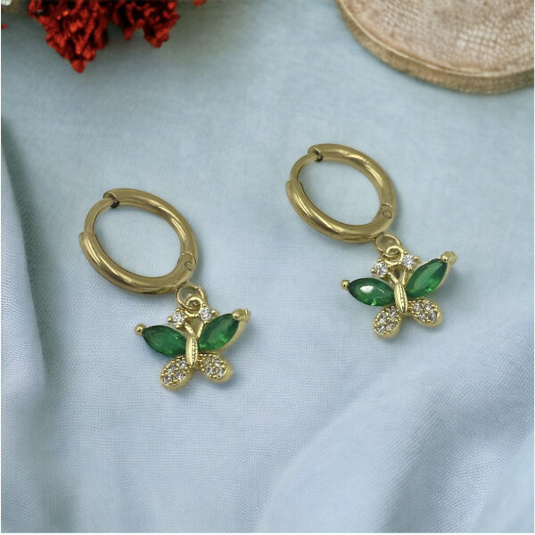 Σκουλαρίκια ατσάλι πεταλούδα με πράσινη πέτρα χρώμα χρυσό-SK-