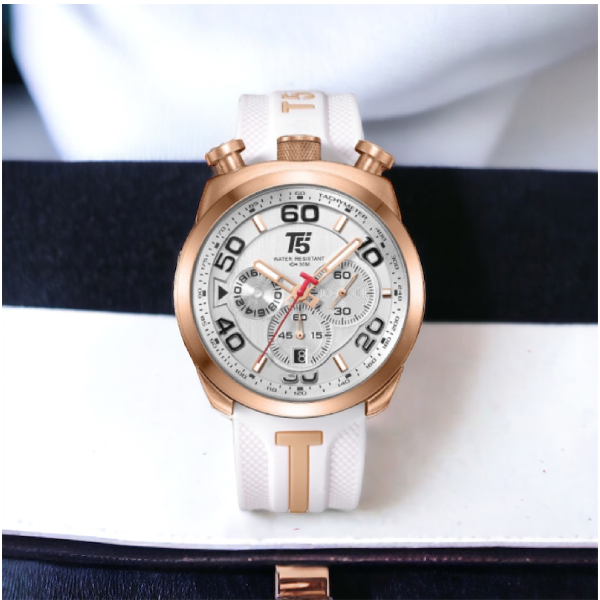 Ανδρικό αναλογικό ρολόι της εταιρίας T5 με καουτσούκ λουράκι σε άσπρο χρώμα