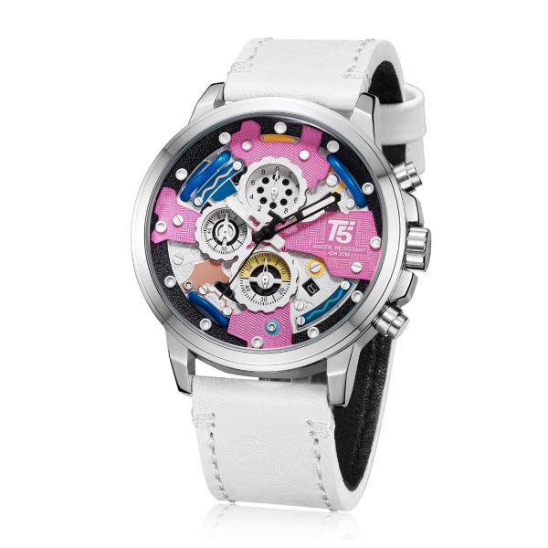 T5 Ρολόι Χρονογράφος με Δερμάτινο Λουράκι σε Άσπρο χρώμαT5-H3722G