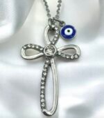 Κολιέ Σταυρός με ματάκι από ανοξείδωτο ατσάλι με ζιργκον xρώμα ασημί-Κ-701 - Image 2