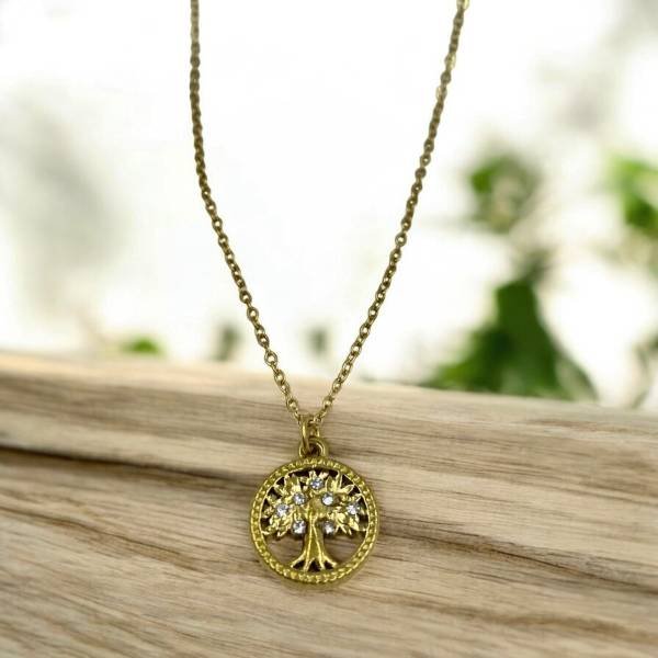 Κολιέ δέντρο της ζωής ανοξείδωτο ατσάλι με ζιργκον χρώμα χρυσό-K-