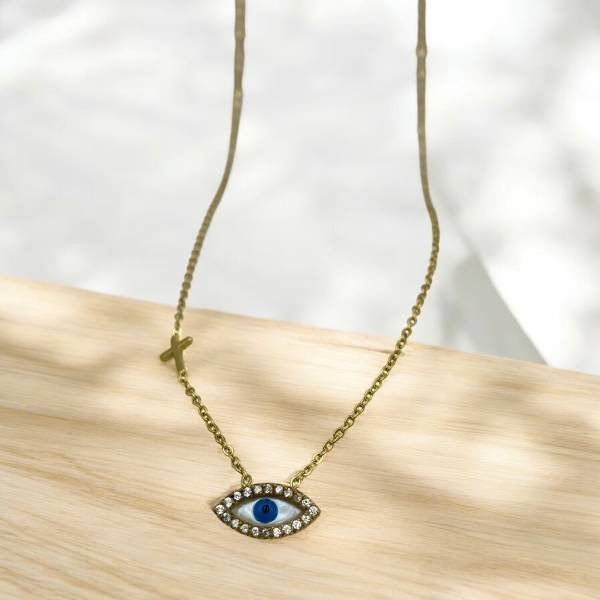 Κολιέ μάτι {σταυρουδάκι}από ανοξείδωτο ατσάλι με ζιργκον χρώμα χρυσό-K-