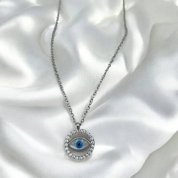 Κολιέ μάτι από ανοξείδωτο ατσάλι με ζιργκον χρώμα ασημί-K-