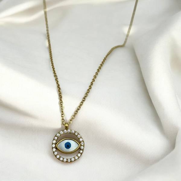 Κολιέ μάτι από ανοξείδωτο ατσάλι με ζιργκον χρώμα χρυσό-K-