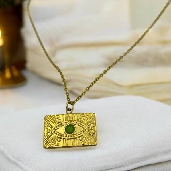 Κολιέ από ανοξείδωτο ατσάλι με πράσινη πέτρα χρώμα χρυσό-K-680