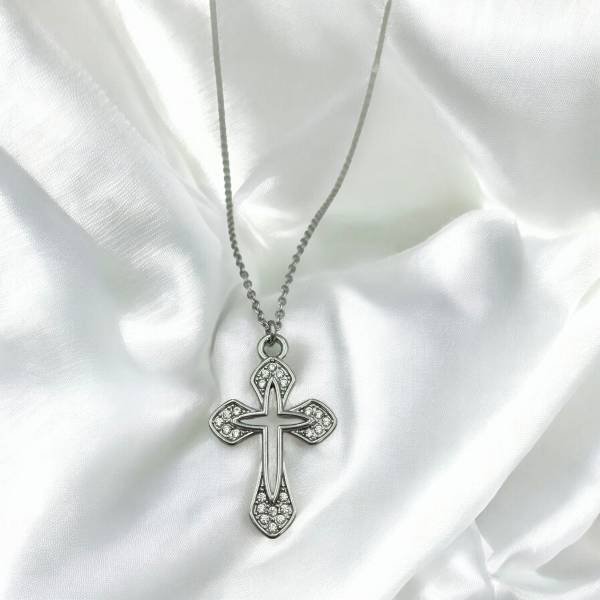 Κολιέ Σταυρός από ανοξείδωτο ατσάλι με ζιργκον xρώμα ασημί-Κ-