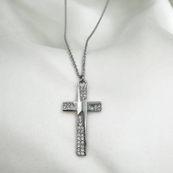 Κολιέ Σταυρός από ανοξείδωτο ατσάλι με ζιργκον xρώμα ασημί-Κ-