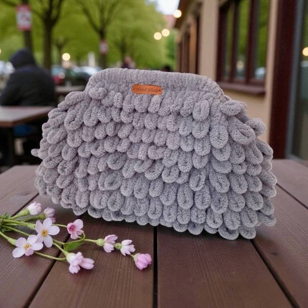 Χειροποίητη πλεκτή τσάντα puffy χρώμα Medium Grey-PL-116-428 patra πατρα