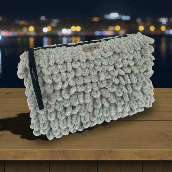 Χειροποίητη πλεκτή τσάντα Puffy φάκελος XL 35x25cm χρώμα Γκρι ανοιχτό-PL-133-302