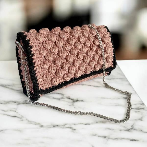 PL141ROZ Χειροποίητη πλεκτή τσάντα πλέξη bubble χρώμα Ροζ/μαύρο-PL-141 - Image 5