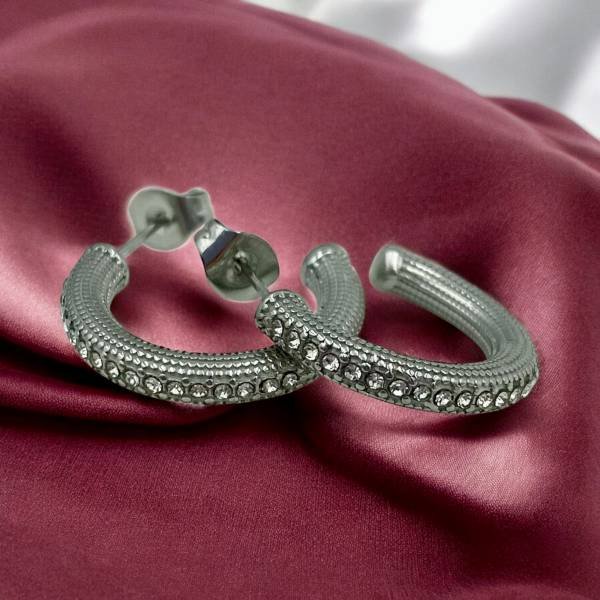 Ατσάλινα σκουλαρίκια κρίκος με ζιργκον χρώμα ασημί-SK-