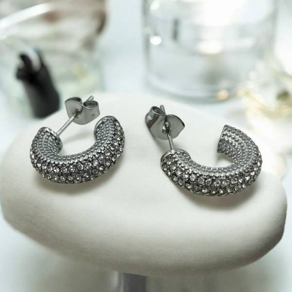 Ατσάλινα σκουλαρίκια κρίκος με ζιργκον χρώμα ασημί-SK-