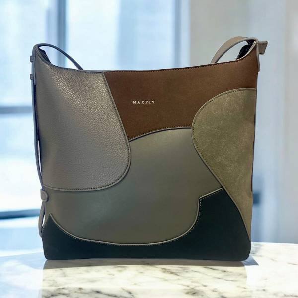 Τσάντα ώμου τρίχρωμη γκρι/μαύρο/καφέ-TS-