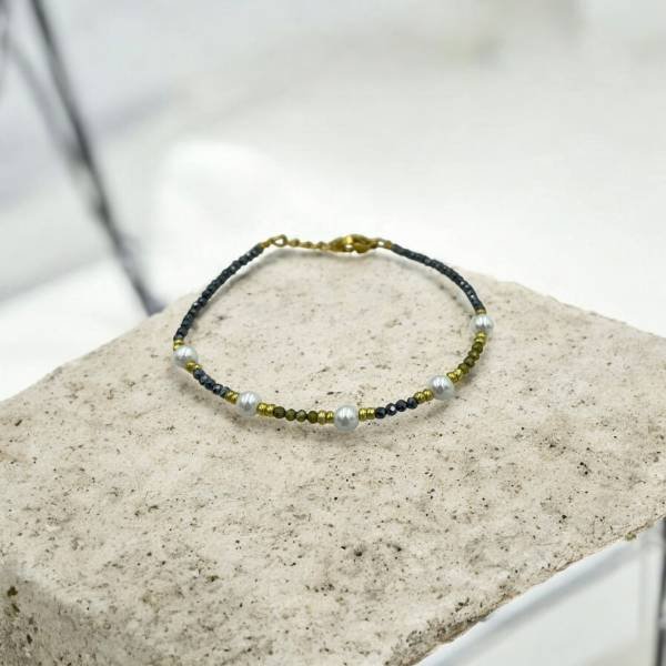 Χειροποίητο Βραχιόλι από ανοξείδωτο ατσάλι με πέτρες αιματίτη και πέρλες-BR-