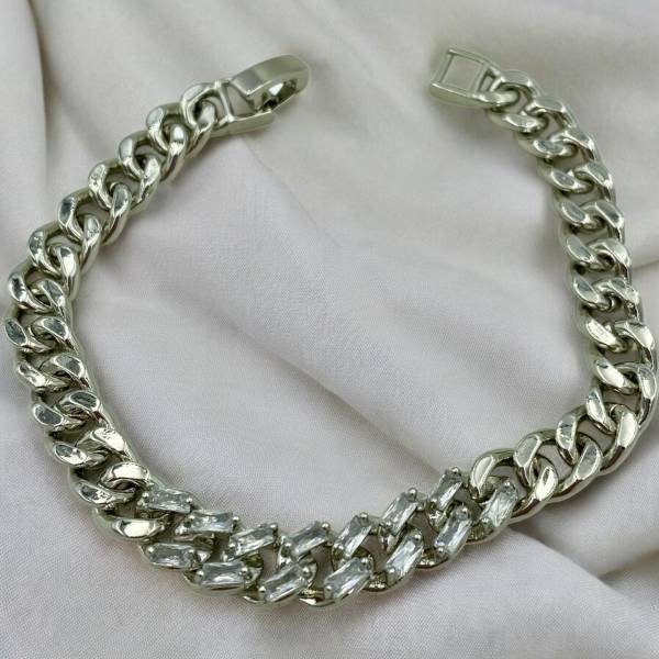 Βραχιόλι ατσάλινο χοντρή αλυσίδα με κρυσταλλάκια χρώμα ασημί-BR-