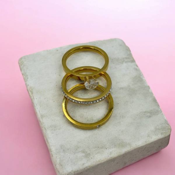 Δαχτυλίδι τριπλό μονόπετρο από ανοξείδωτο ατσάλι χρώμα χρυσό-D-