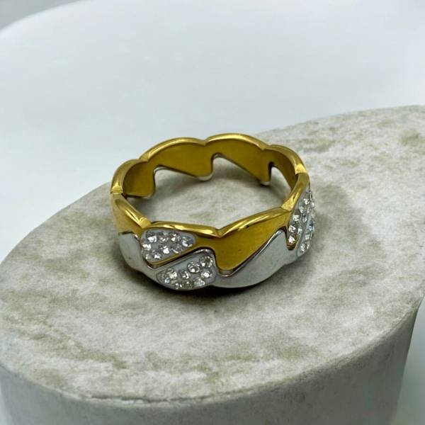 Δαχτυλίδι βεράκι διπλό με ζιργκον από ανοξείδωτο ατσάλι δίχρωμο ασημί/χρυσό-D-