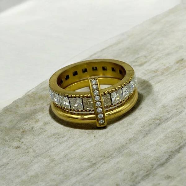 Δαχτυλίδι βεράκι διπλό με πέτρες κρυστάλλου από ανοξείδωτο ατσάλι χρώμα χρυσό-D-