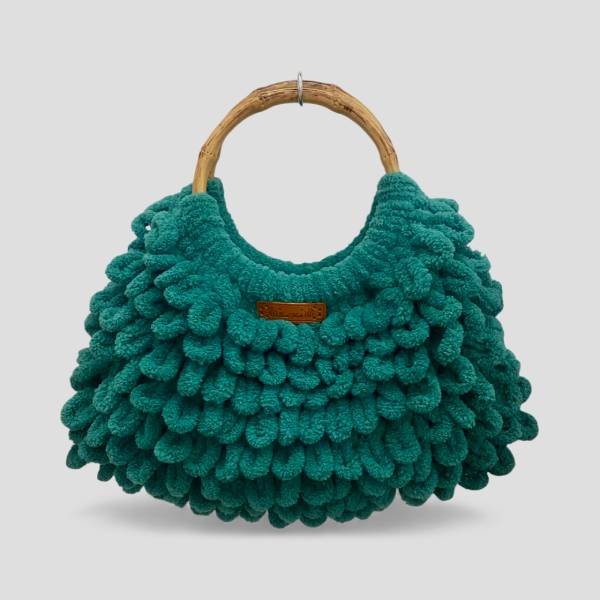 Χειροποίητη πλεκτή τσάντα puffy με μπαμπού χέρια χρώμα Σμαραγδί-PL-121-847