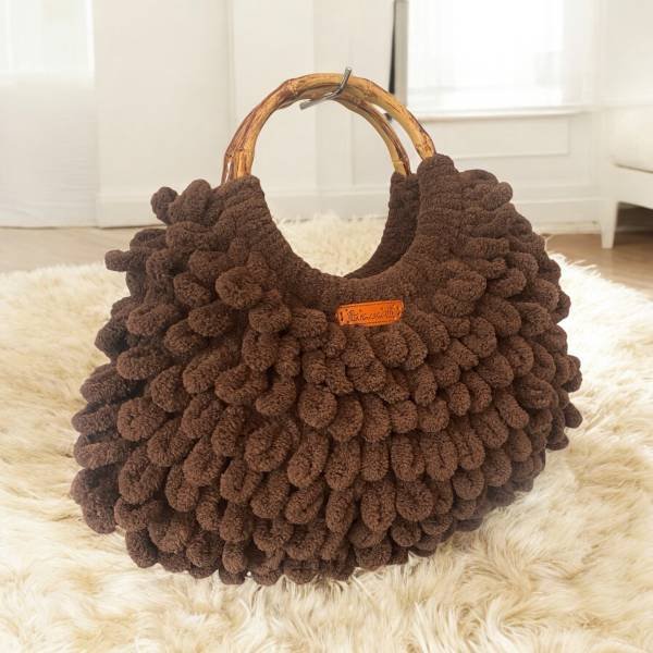 Χειροποίητη πλεκτή τσάντα puffy με μπαμπού χέρια χρώμα Καφέ σκούρο-PL-121-153patra πατρα