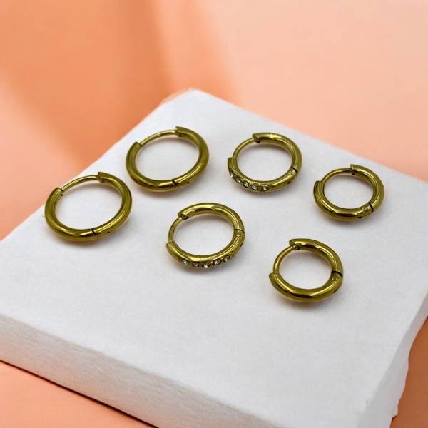 Σκουλαρίκια Σετ 3 ζευγάρια κρικάκια από Ανοξείδωτο ατσάλι,χρώμα χρυσό-SK-