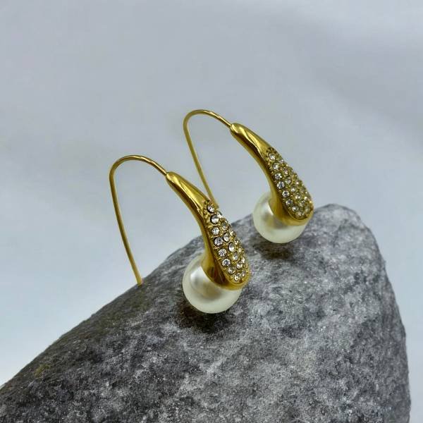 Σκουλαρίκια από Ανοξείδωτο ατσάλι με πέρλες και ζιργκον χρώμα χρυσό-SK- πατρα