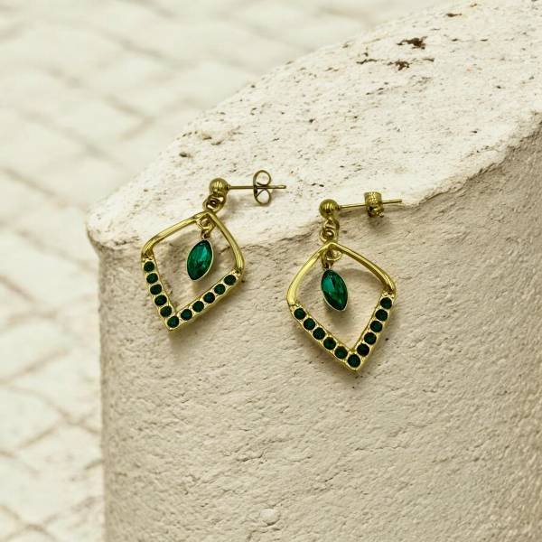 Σκουλαρίκια ατσάλινα με πράσινες πέτρες και ζιγκον χρώμα χρυσό-SK-πατρα