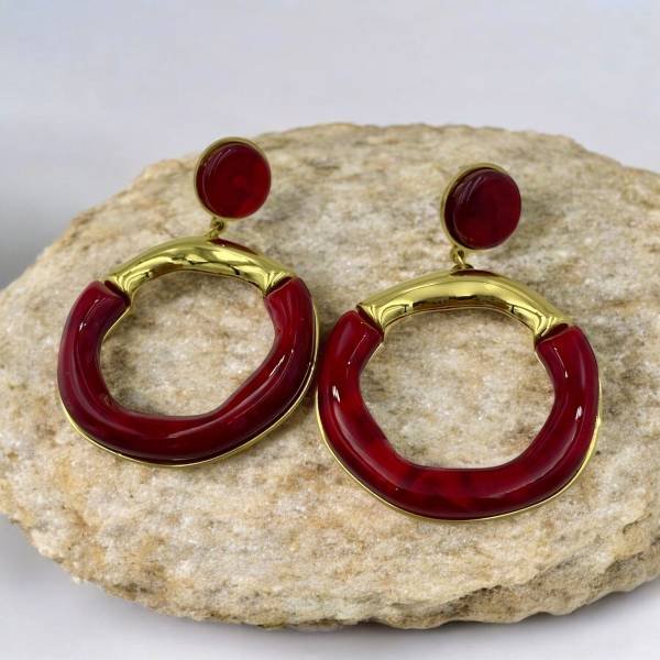 Σκουλαρίκια ατσάλινα κρεμαστά κόκκινα χρώμα χρυσό-SK-