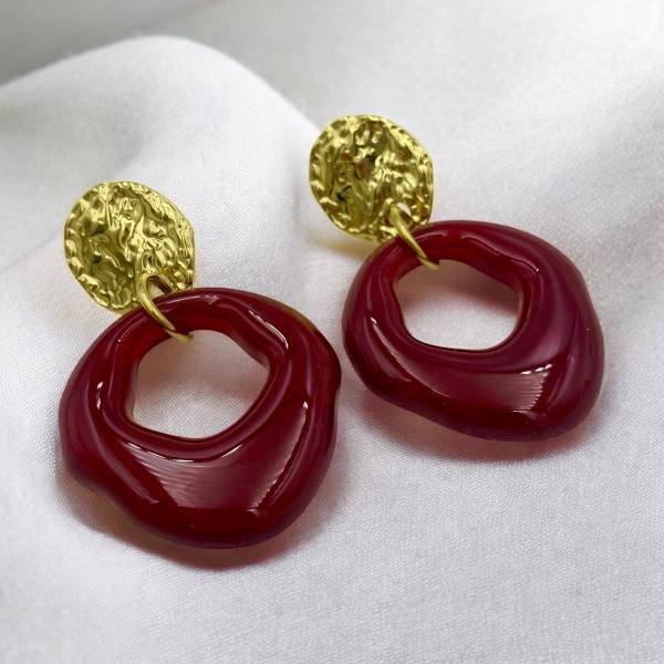 Σκουλαρίκια ατσάλινα κρεμαστά κόκκινα χρώμα χρυσό-SK-