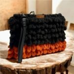 Χειροποίητη πλεκτή τσάντα φάκελος puffy χρώμα Μαύρο/Ταμπά-PL-123-36