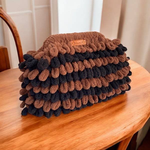 Χειροποίητη πλεκτή τσάντα Puffy Δίχρωμη Μαύρο/Καφέ σκούρο-PL-128-493