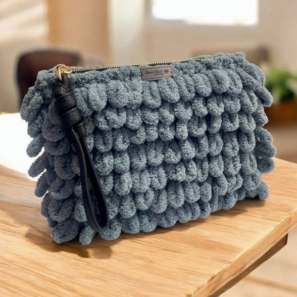 Χειροποίητη πλεκτή τσάντα φάκελος puffy χρώμα Γκρι-PL-132-87