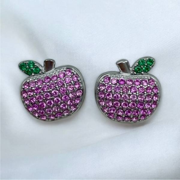 Σκουλαρίκια μήλα ατσάλινα με ροζ/πράσινα ζιργκον χρώμα ασημί-SK-