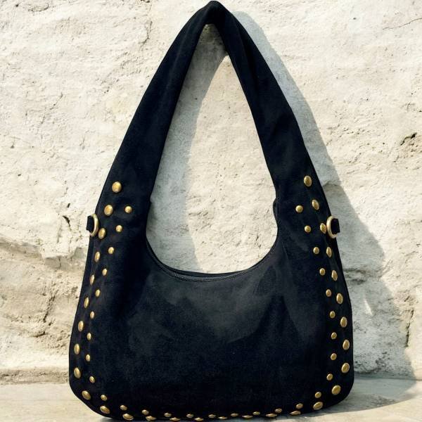 Τσάντα ώμου και χιαστί suede με τρούκς χρώμα μαύρο-TS-