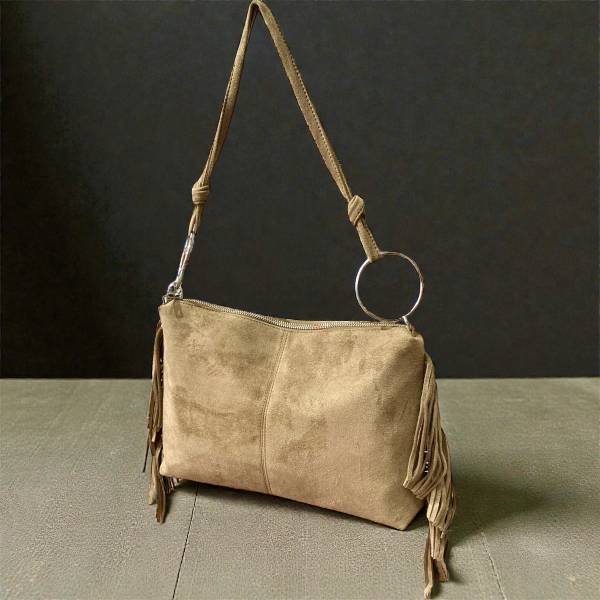 Τσάντα ώμου suede με κρόσια χρώμα πούρου-TS-